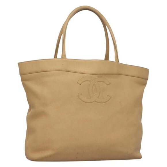 CHANEL COCO Mark Tote Bag Grained Calf Skin Beige Gold CC - Picture 1 of 16